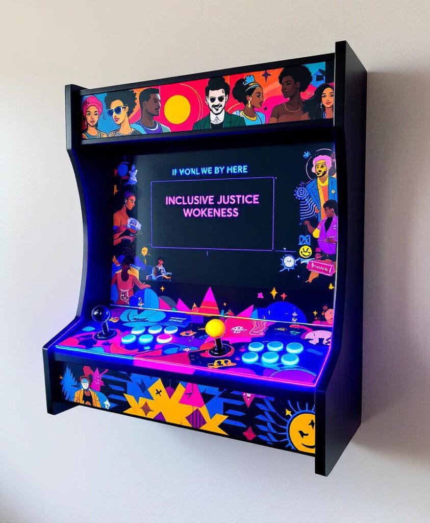 Wandmontierter Arcade-Spielautomat mit buntem Grafikdesign und mehreren Steuerknöpfen.