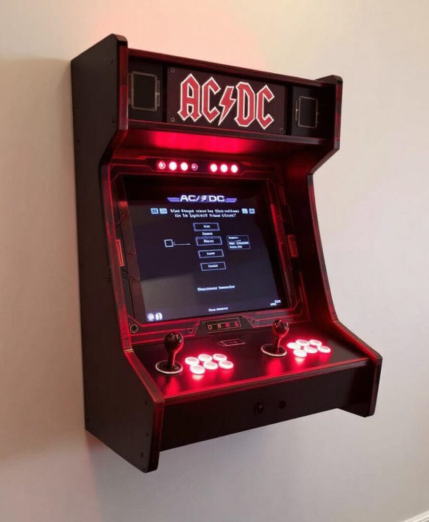 Wandmontierter Arcade-Spielautomat mit einem Bildschirm und Steuerknöpfen im AC/DC-Design.