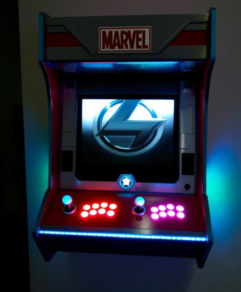 Wandmontierter Arcade-Spielautomat mit einem Bildschirm und bunten Steuerknöpfen in einem modernen Design.