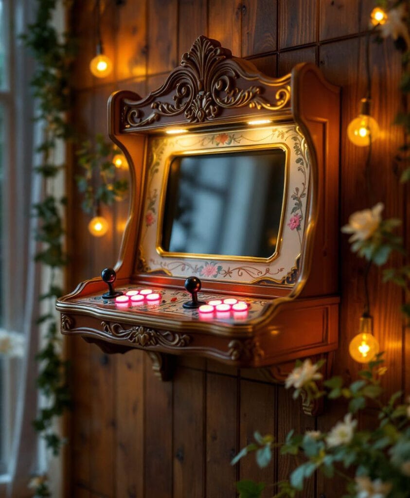 Wandmontierter Arcade-Spielautomat mit einem Spiegel und bunten Tasten auf einem Holzpaneel.