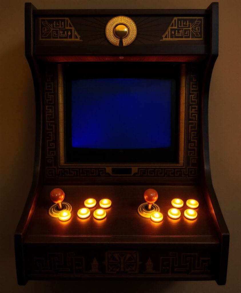 Wandmontierter Arcade-Spielautomat mit Joysticks und Tastenbeleuchtung in einem dunklen Raum.