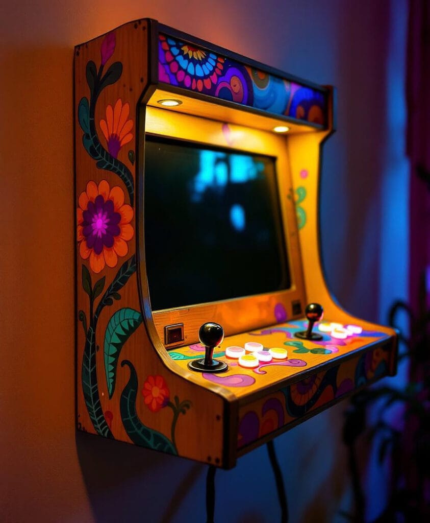 Wandmontierter Arcade-Spielautomat mit buntem, floralem Muster und einem leeren Bildschirm.