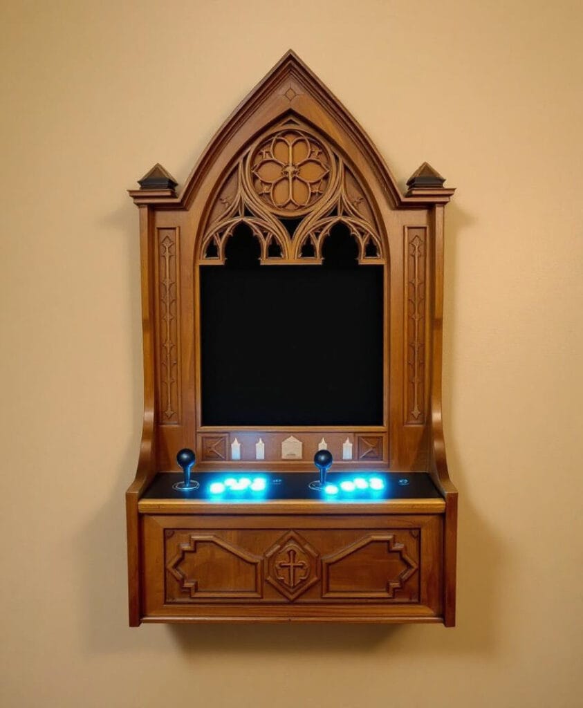 Wandmontierter Arcade-Spielautomat mit gotischem Design und beleuchteten Tasten.