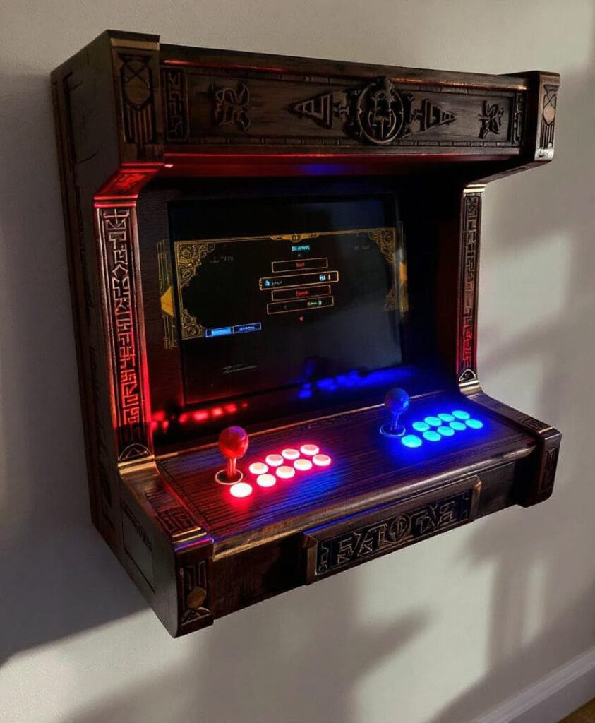 Wandmontierter Arcade-Spielautomat mit einem Bildschirm und bunten Steuerknöpfen in Rot und Blau.