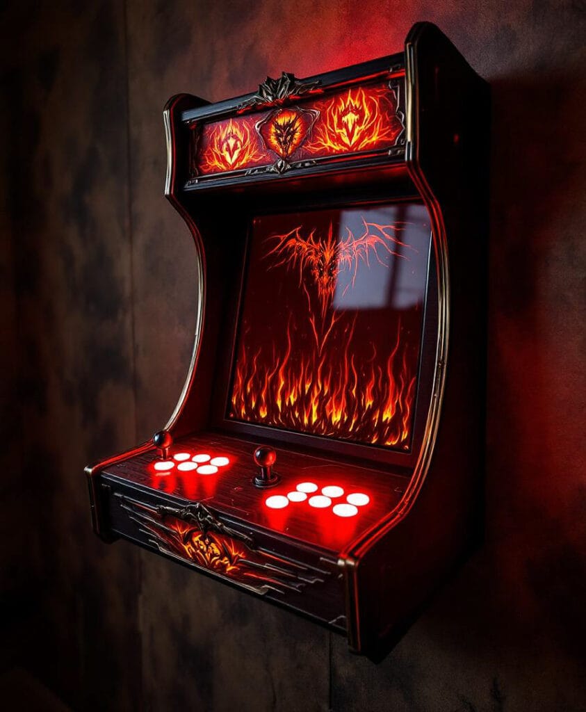 Wandmontierter Arcade-Spielautomat mit rotem und schwarzem Design und leuchtenden Tasten.