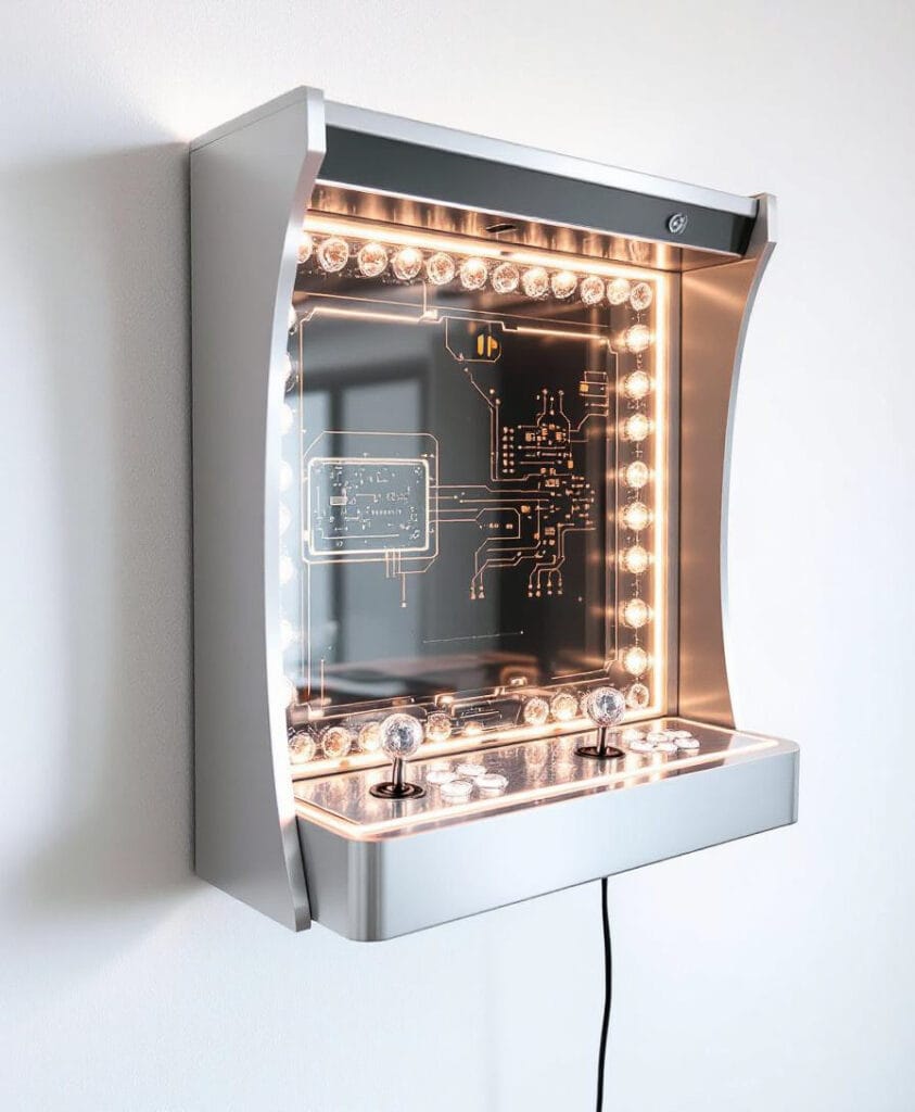 Wandmontierter Arcade-Spielautomat mit beleuchtetem Gehäuse und Steuerknöpfen.