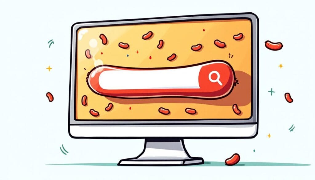 Illustration eines Computers mit einer roten Suchleiste und kleinen roten Würstchen auf dem Bildschirm.